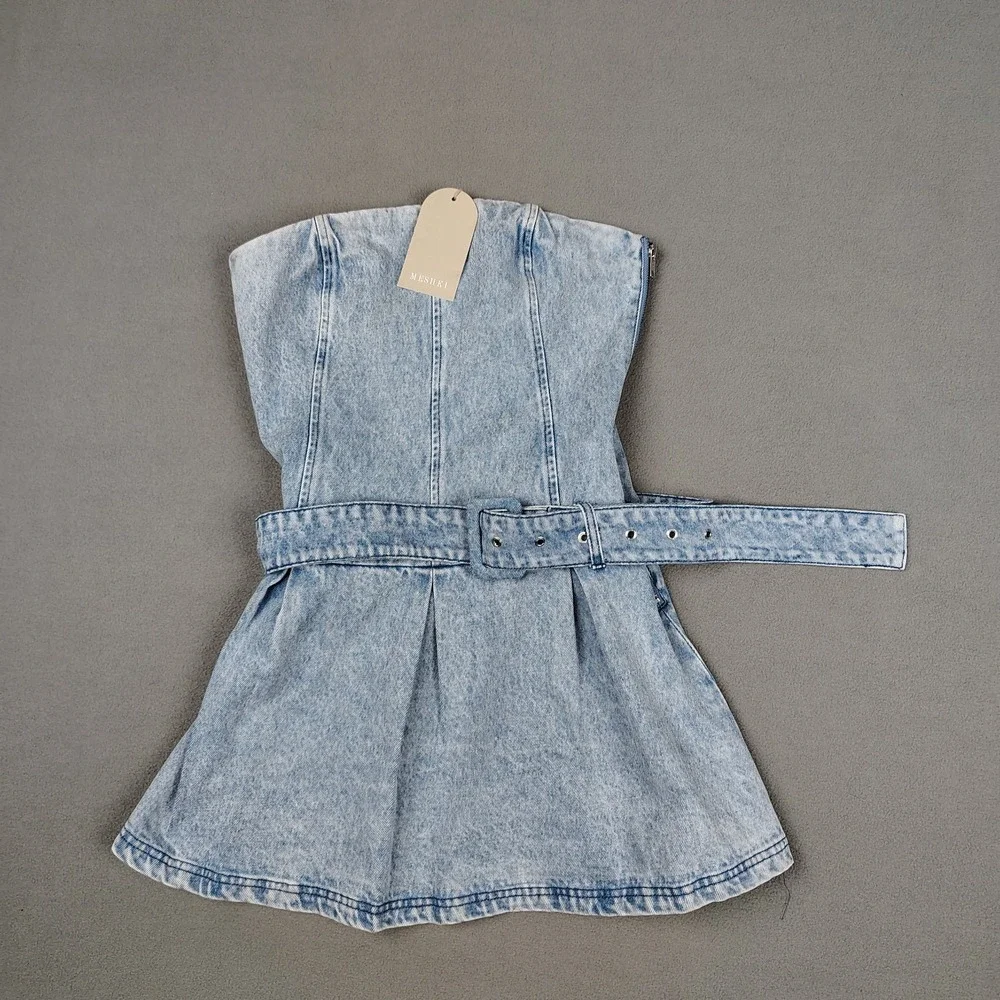 Meshki Mini Dress Medium Strapless Pleated Blue Denim Belted Flirty Festival New